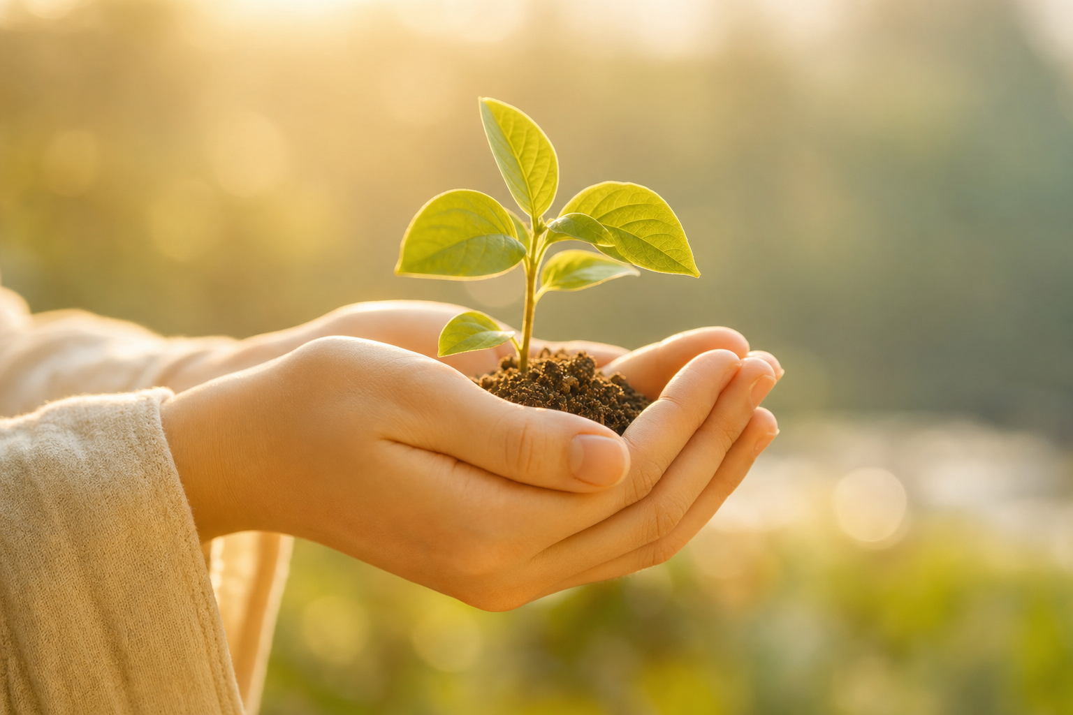 Hands gently cradling a young green plant in warm morning light