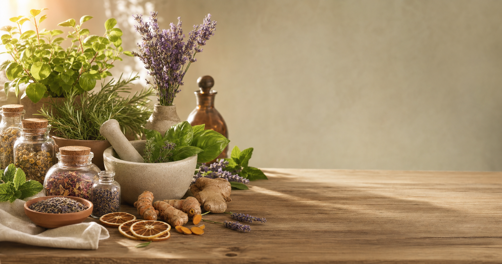 Warm, botanical scene representing holistic medicine — herbs, mortar and pestle, and natural remedies
