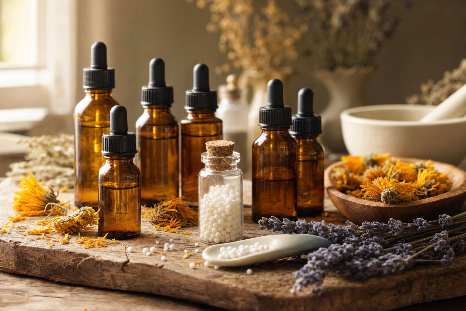 Homeopathic remedies in glass bottles