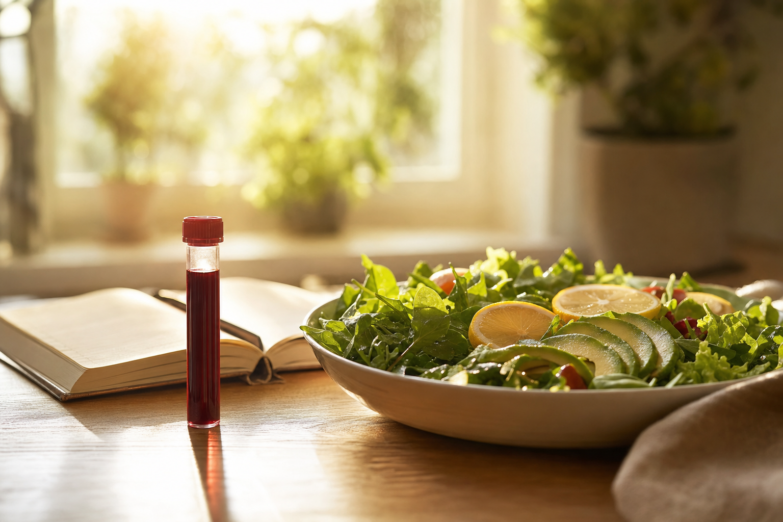 Functional lab testing with blood vial and fresh whole foods