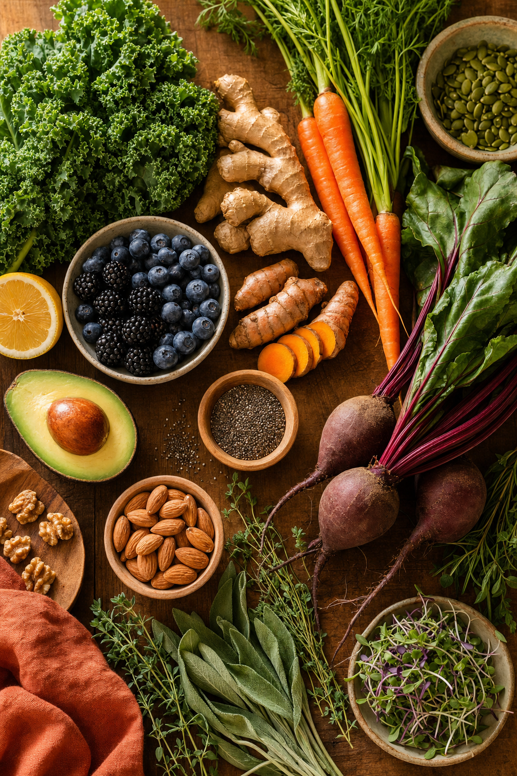 Fresh whole foods, fruits and vegetables