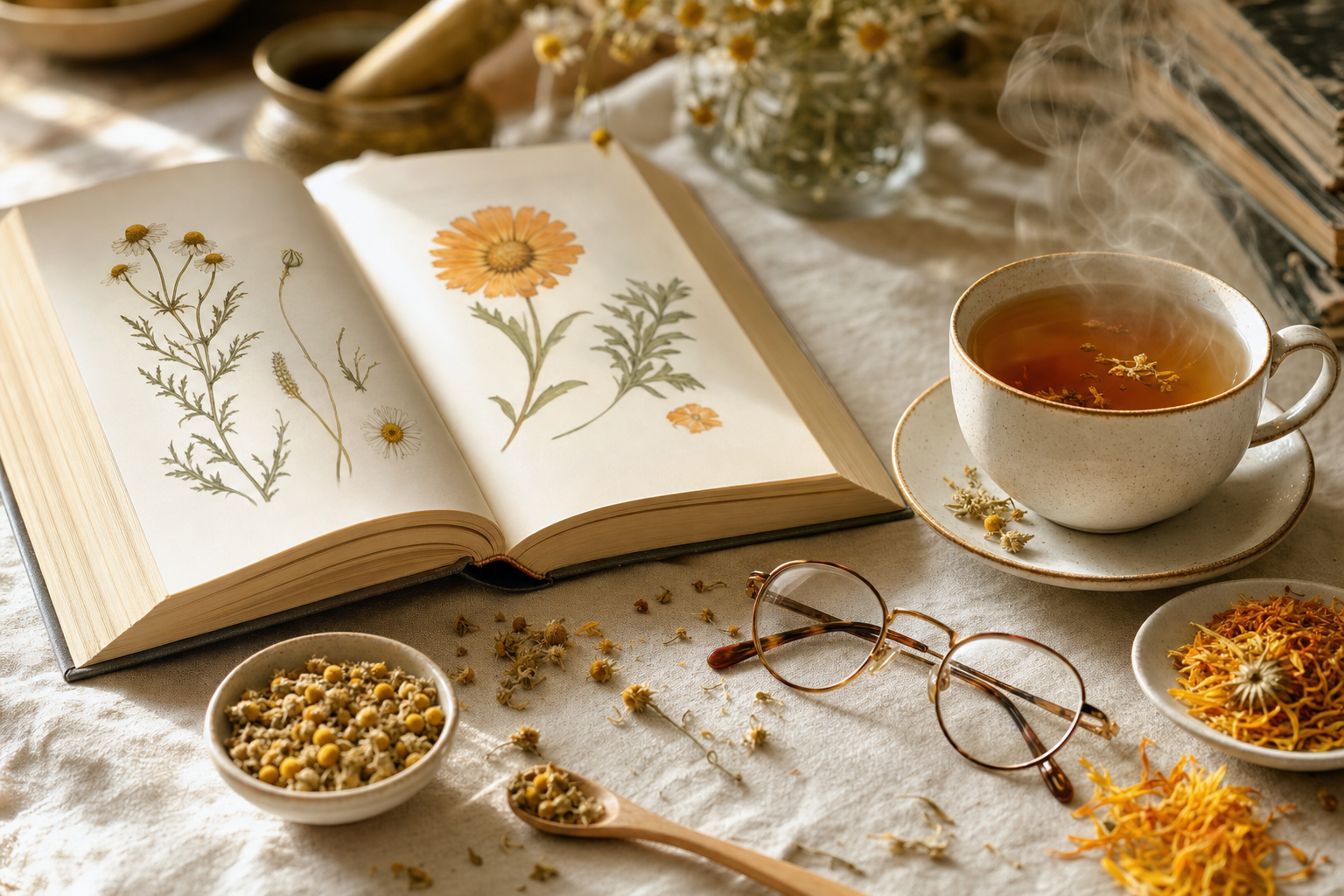 Open botanical study book with herbal tea and dried herbs